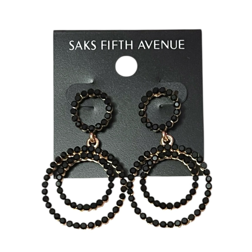 Saks Fifth Avenue Black and Gold Triple Circle Crystal Drop Earrings